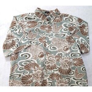 Vintage Hawaiian Button-Up Shirt Sz XL Koi Fish & Lotus Print Short Sleeveion